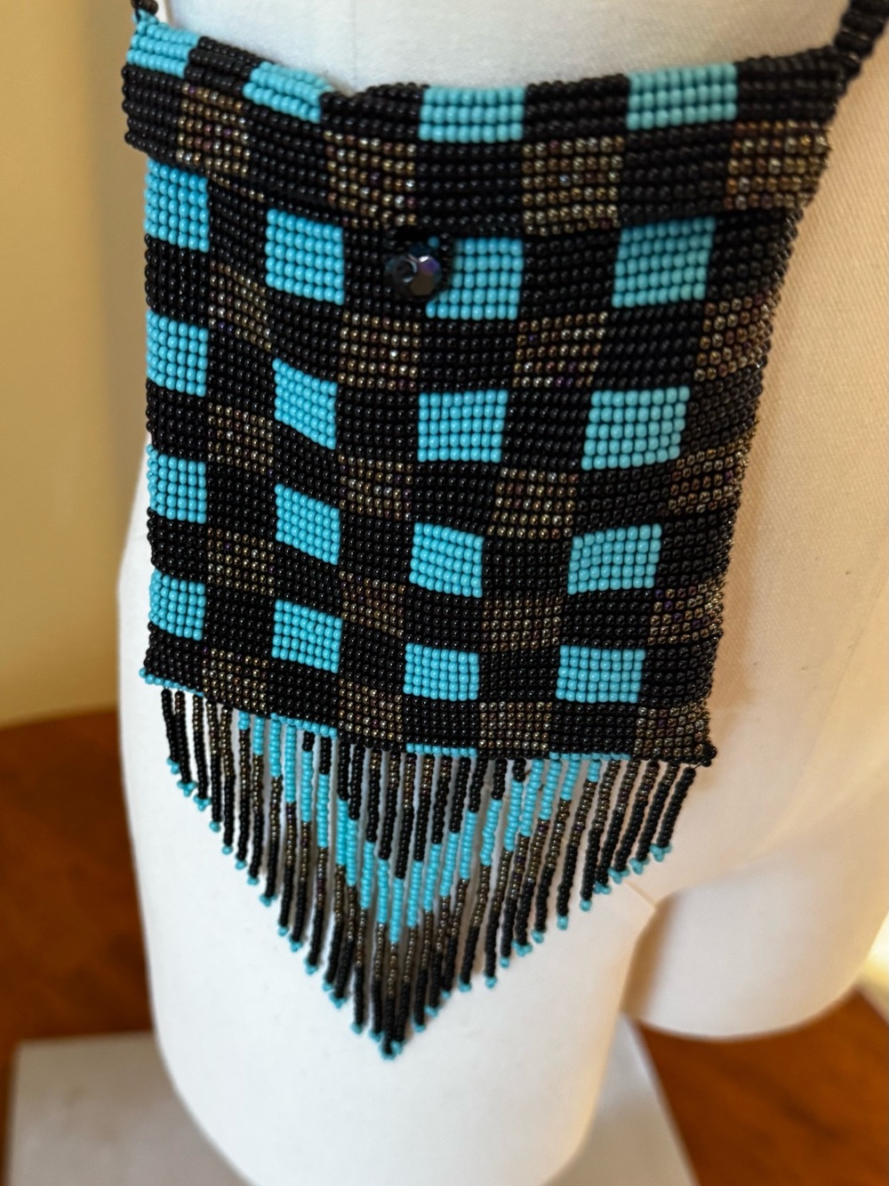 Beaded Checker Fringe Crossbody Bag - Turquoise & Black